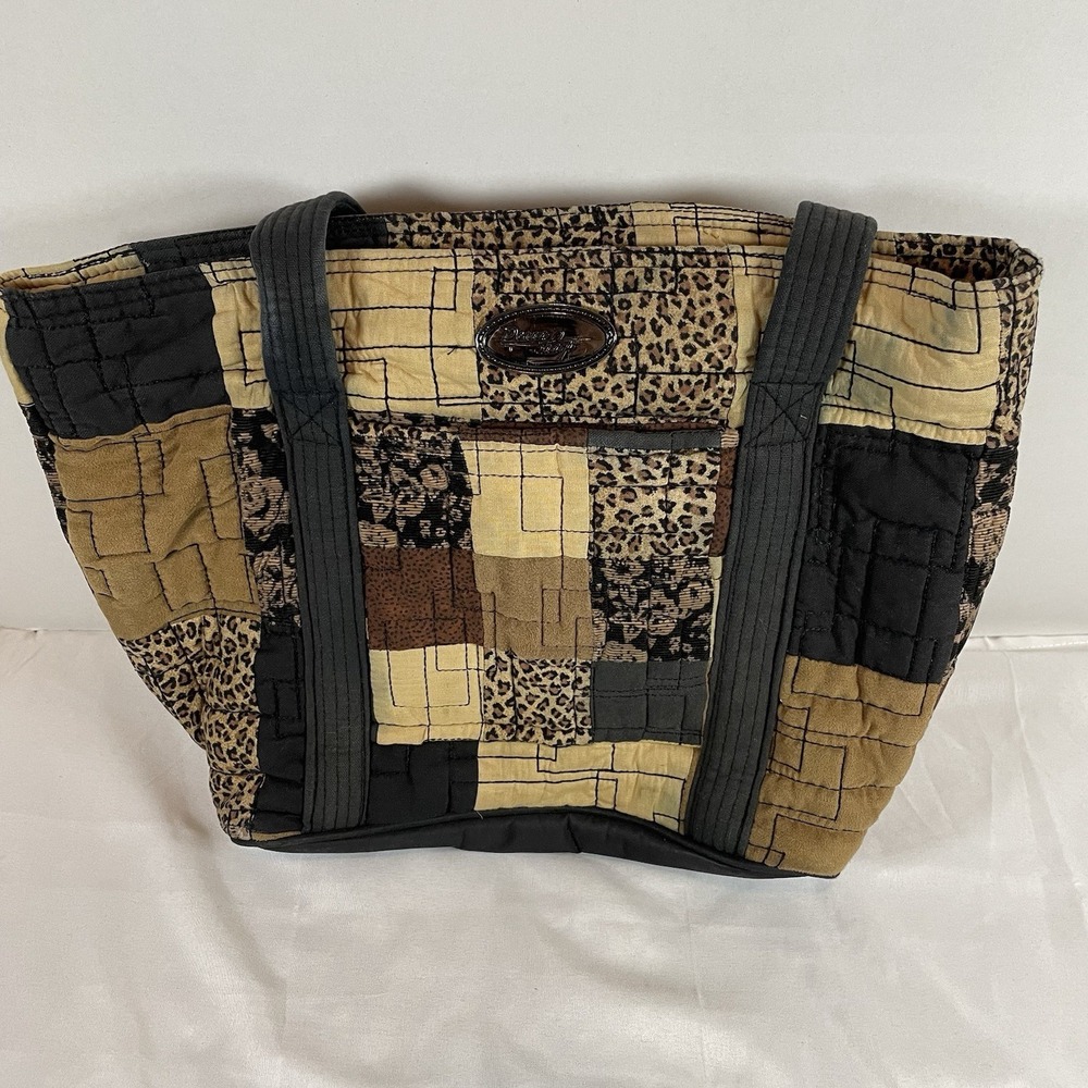 Donna Sharp Quilted Patchwork Tote Bag Leopard Print Floral Earth Tones Medium